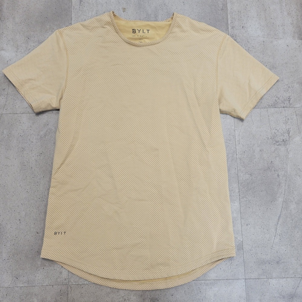 BYLT Drop Cut Short Sleeve Tee Mens Medium Tan‎ Dot Casual Stretch Lux T Shirt